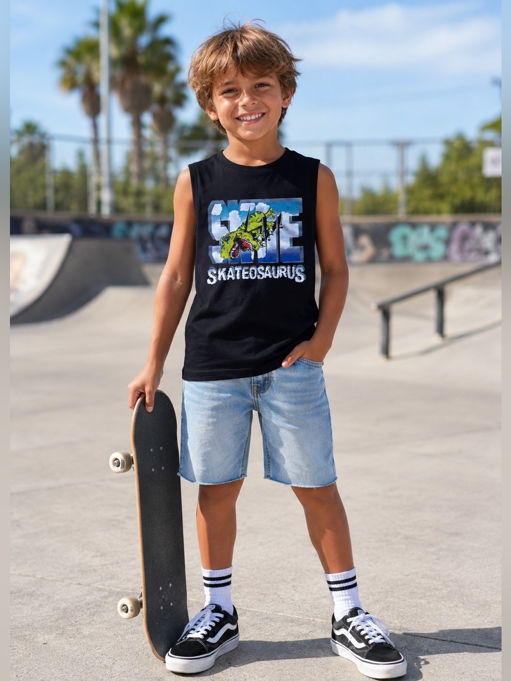 The Children's Place Skateosaurus Dinosaur Graphic Muscle Tank Top Size 7/8
